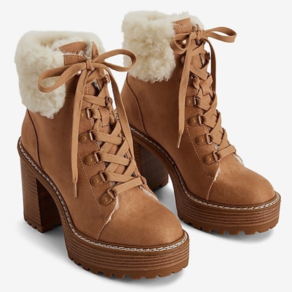 Express Faux Suede Shearling Lace-Up Platform Heeled Tan Size9 Ankle Boots